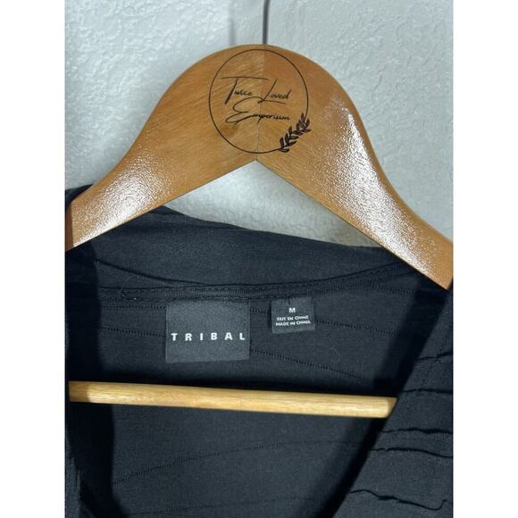 TRIBAL Womens Textured Wrap Front Top Medium Black Jersey Knit - Picture 2 of 6